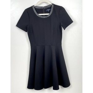 Madewell Womens Skater Dress Black Small Viscose Blend Leather Trim Cap Sleeve